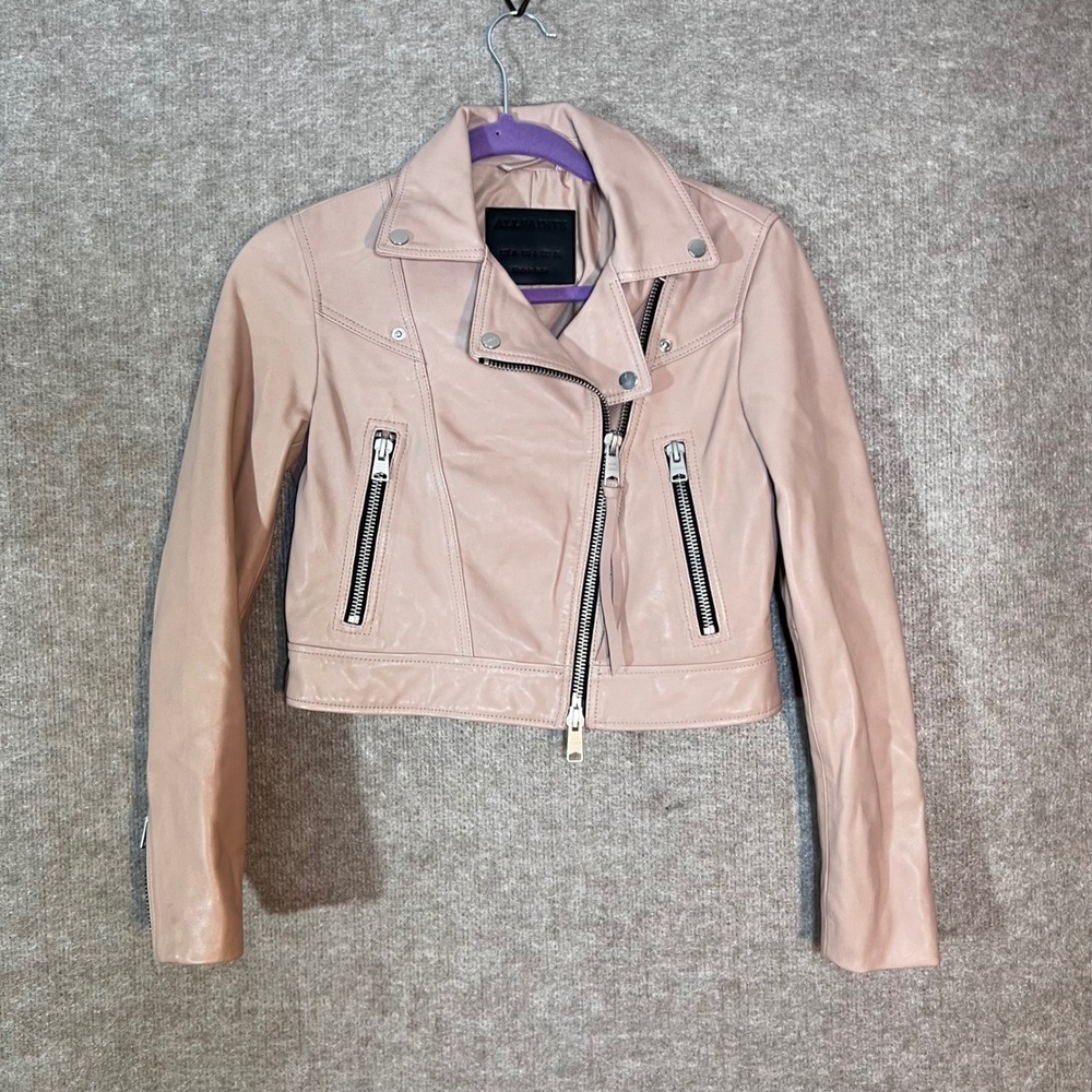AllSaints Rift Biker Jacket Womens Size 4 Pink Leather Cropped Moto Edgy Chic